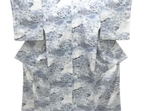 アンティーク　雲に草花模様織り出し手織り紬着物